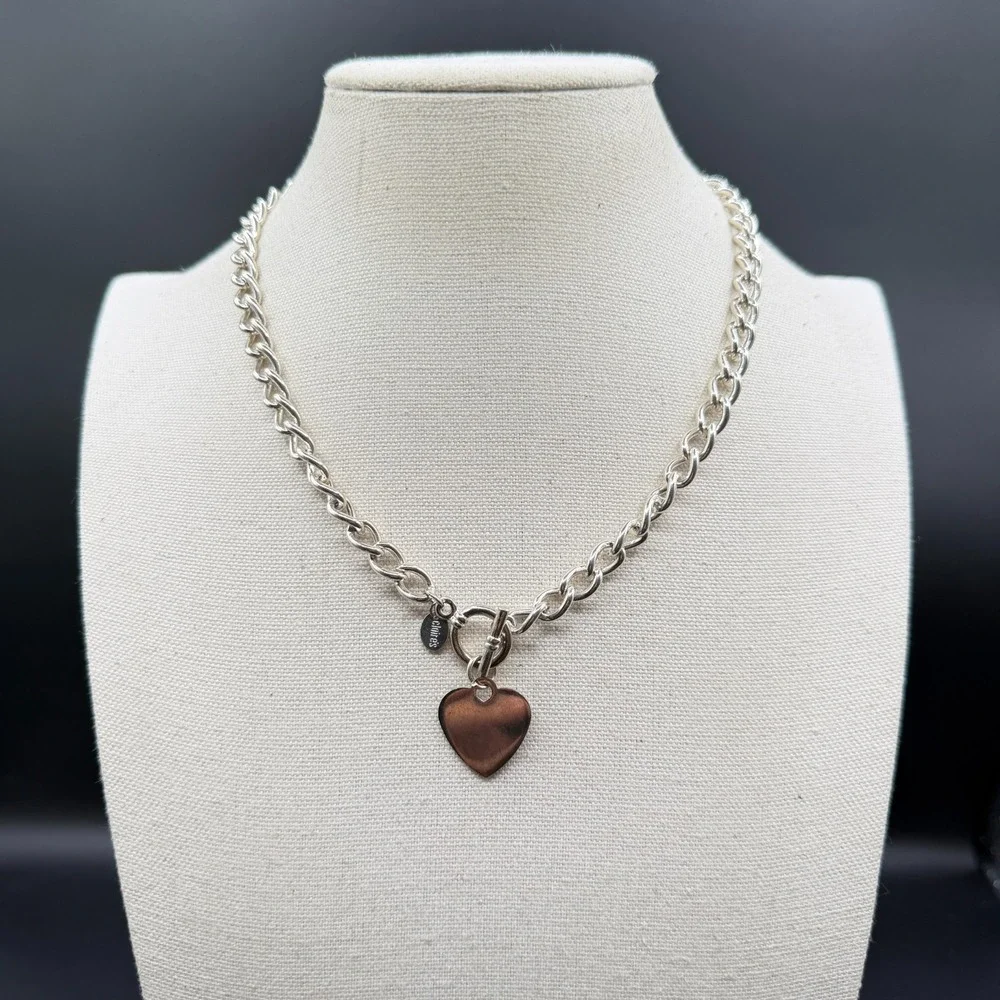 Claire's Silver Tone Chunky Curb Chain Heart Pendant Toggle Statement Necklace
